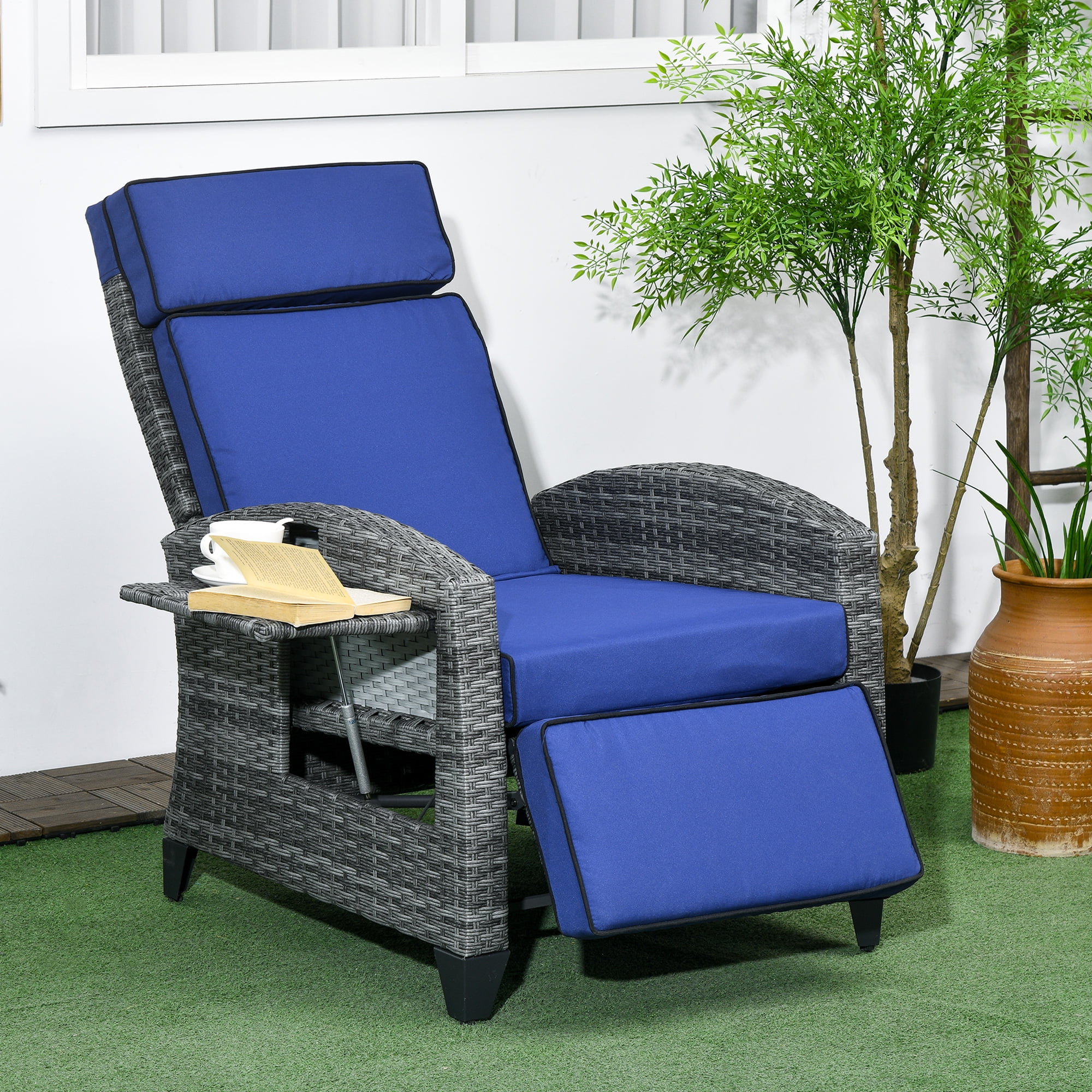 Outsunny Outdoor Recliner Chair with Adjustable Backrest Cushion Blue