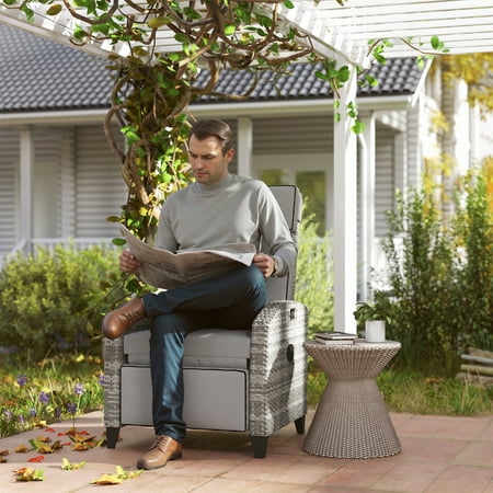 Outsunny Outdoor Recliner Chair with Cushions, PE Wicker Reclining Patio Lounge Chair with Adjustable Footrest, Armrests, Side Tray Table, Gray