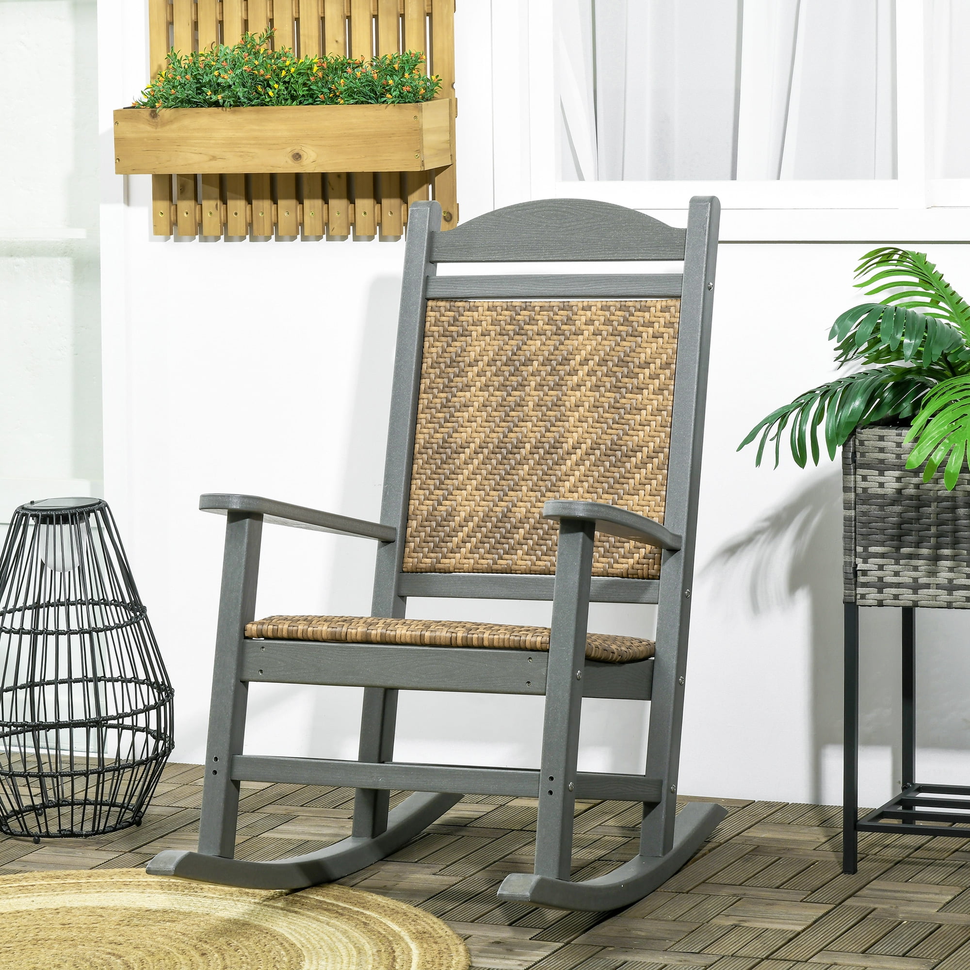 Traditional Dark Gray Wicker Porch Rocking Chair with Padded Seat