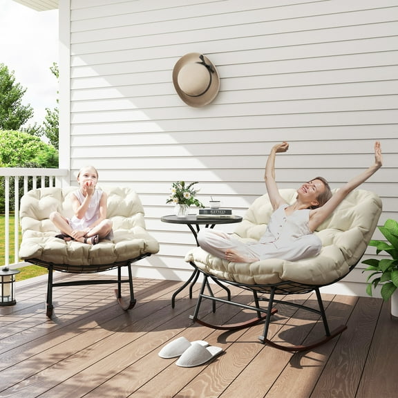 Outsunny Outdoor Rocking Chair Set of 2, Oversized Rocking Papasan Chairs with Cushions, Beige