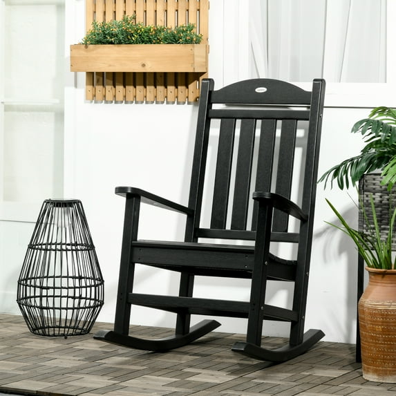 Outsunny Outdoor Rocking Chairs Rustic Slatted HDPE Waterproof, Black