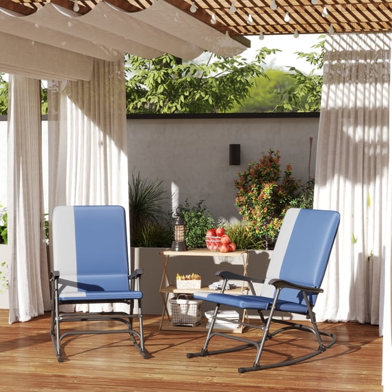 Outsunny Outdoor Rocking Chairs Set of 2, Folding Rocking Chair Set with 400 lbs. Capacity, Wide Seat, Padded High Back for Patio, Porch, Dark Blue