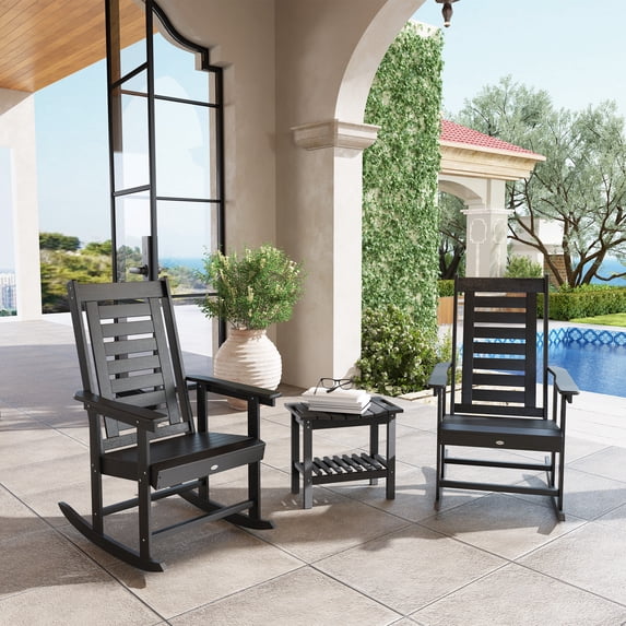 Outsunny Outdoor Rocking Chairs Set of 2, HDPE Patio Rockers with 28" High Back, Wide Armrests and Slatted Seat for Porch Backyard Balcony, Black