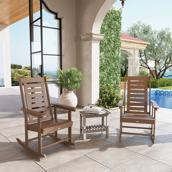 Outsunny Outdoor Rocking Chairs Set of 2, HDPE Patio Rockers with 28" High Back, Wide Armrests and Slatted Seat for Porch Backyard Balcony, Brown