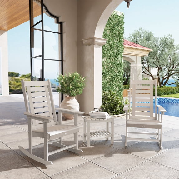 Outsunny Outdoor Rocking Chairs Set of 2, HDPE Patio Rockers with 28" High Back, Wide Armrests and Slatted Seat for Porch Backyard Balcony, White