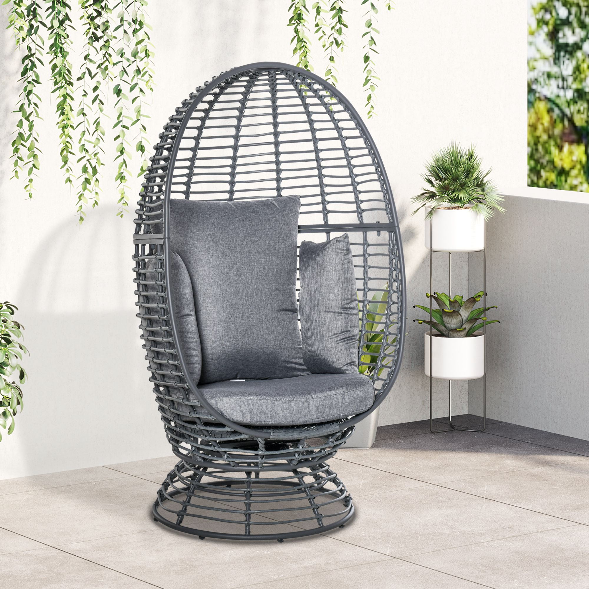 Outsunny Outdoor Wicker Egg Chair with Cushion, Lounge Chair Rattan 360 Degree Round Basket ...