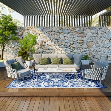 Outsunny Outdoor Rug & Bag, 9' x 12' Plastic Rug, Blue & White Floral
