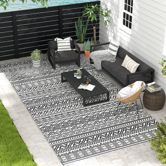 Outsunny Outdoor Rug & Bag, 9' x 18' Plastic Rug, Gray Cream Boho