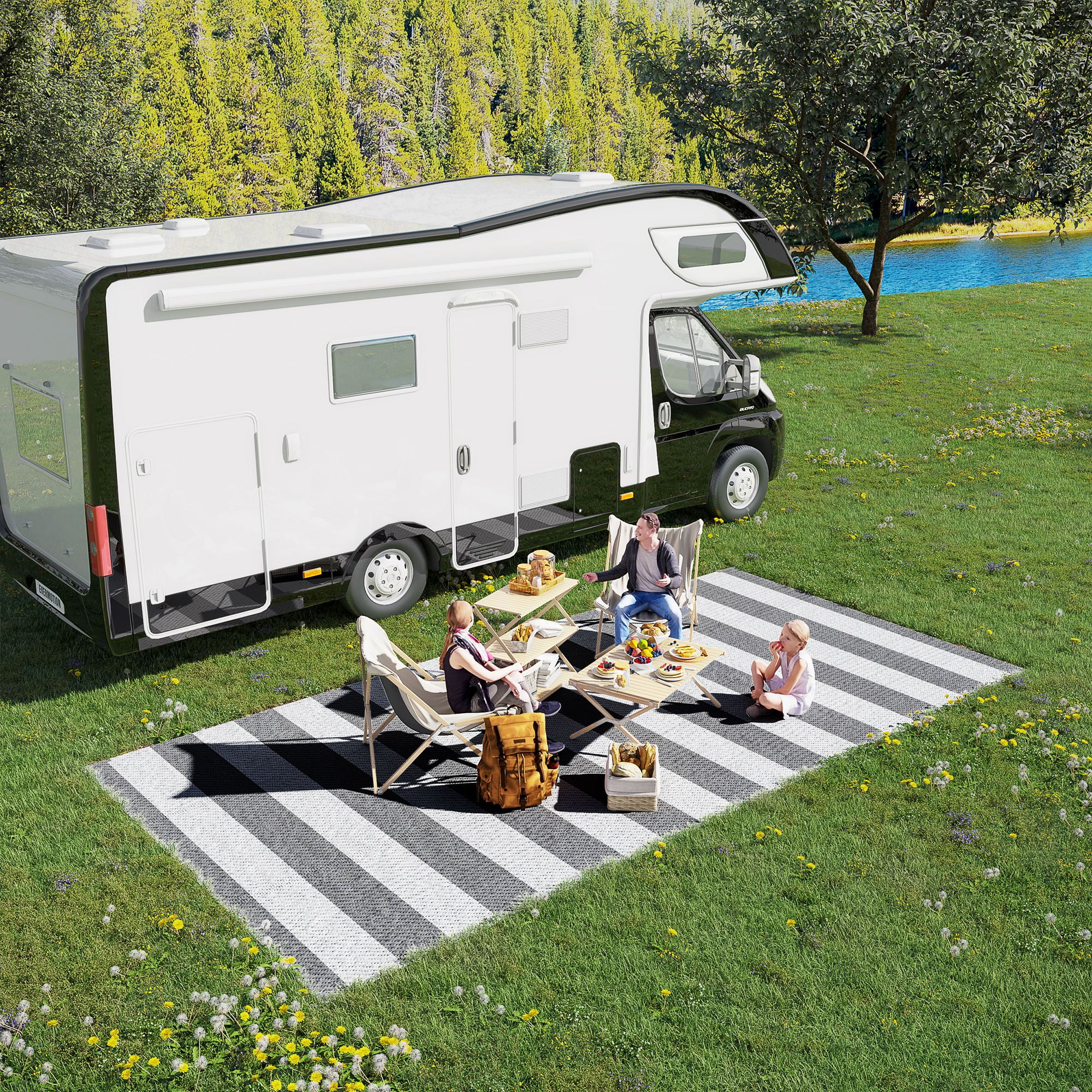 Outsunny Outdoor Rug & Bag, 9' x 18' Plastic Rug, Gray & White