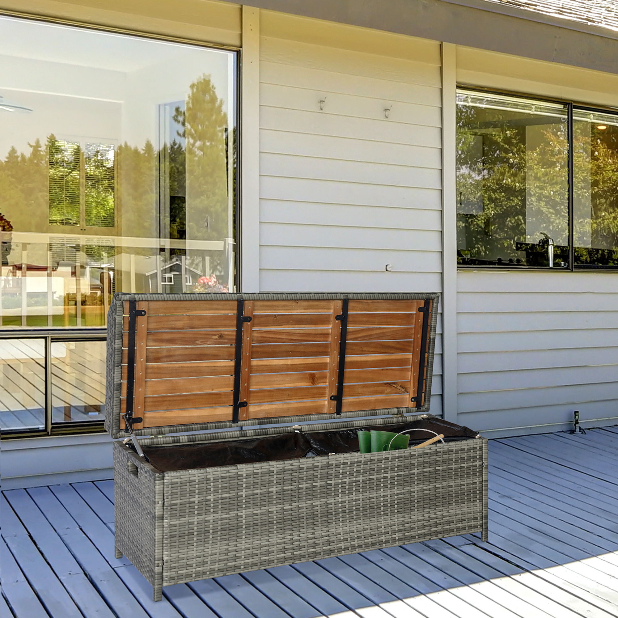 Outsunny 2-in-1 Patio Wicker Storage Bench, PE Rattan, Air Strut, Large ...