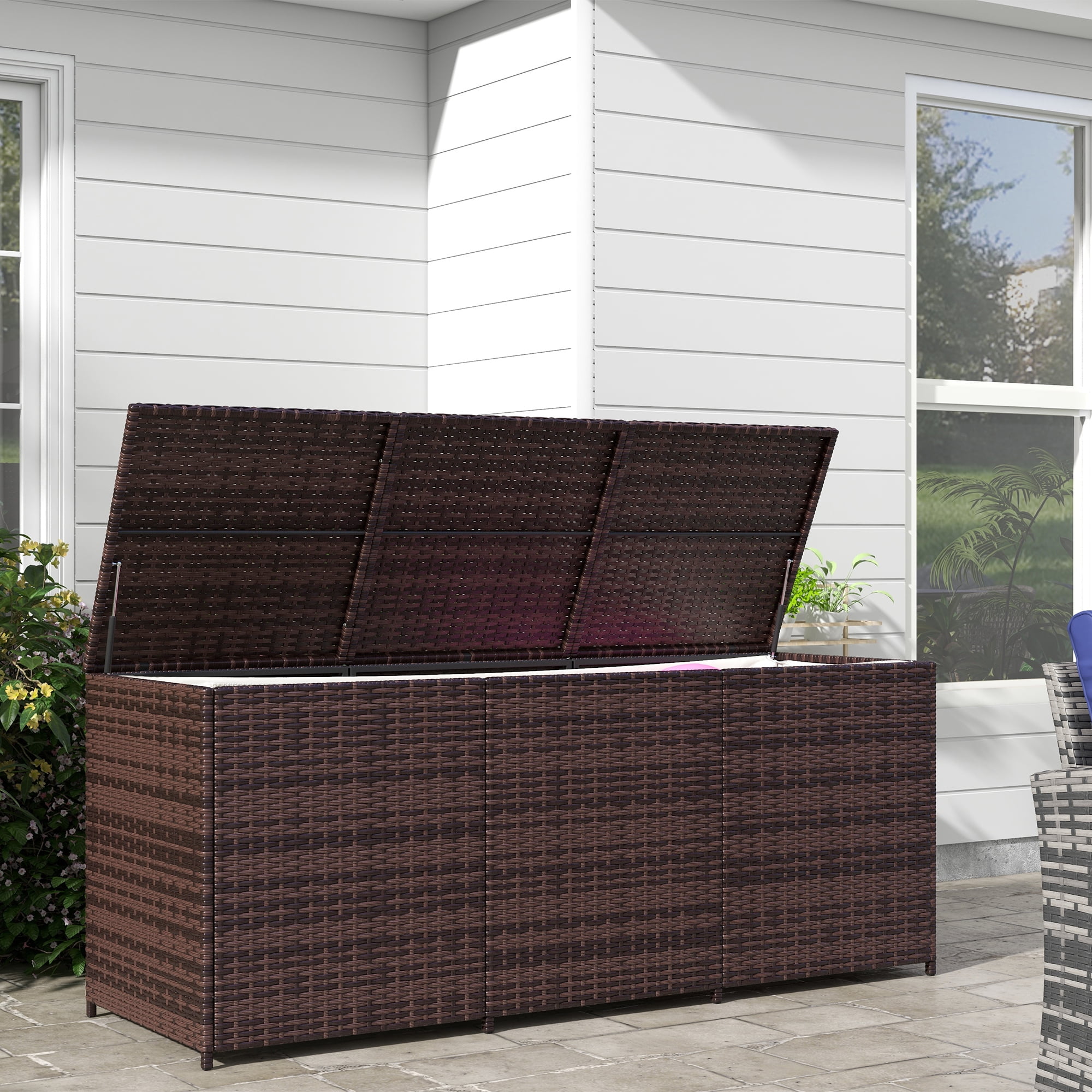 Mixed Brown Wicker and Plastic Outdoor Deck Box, 70.9"