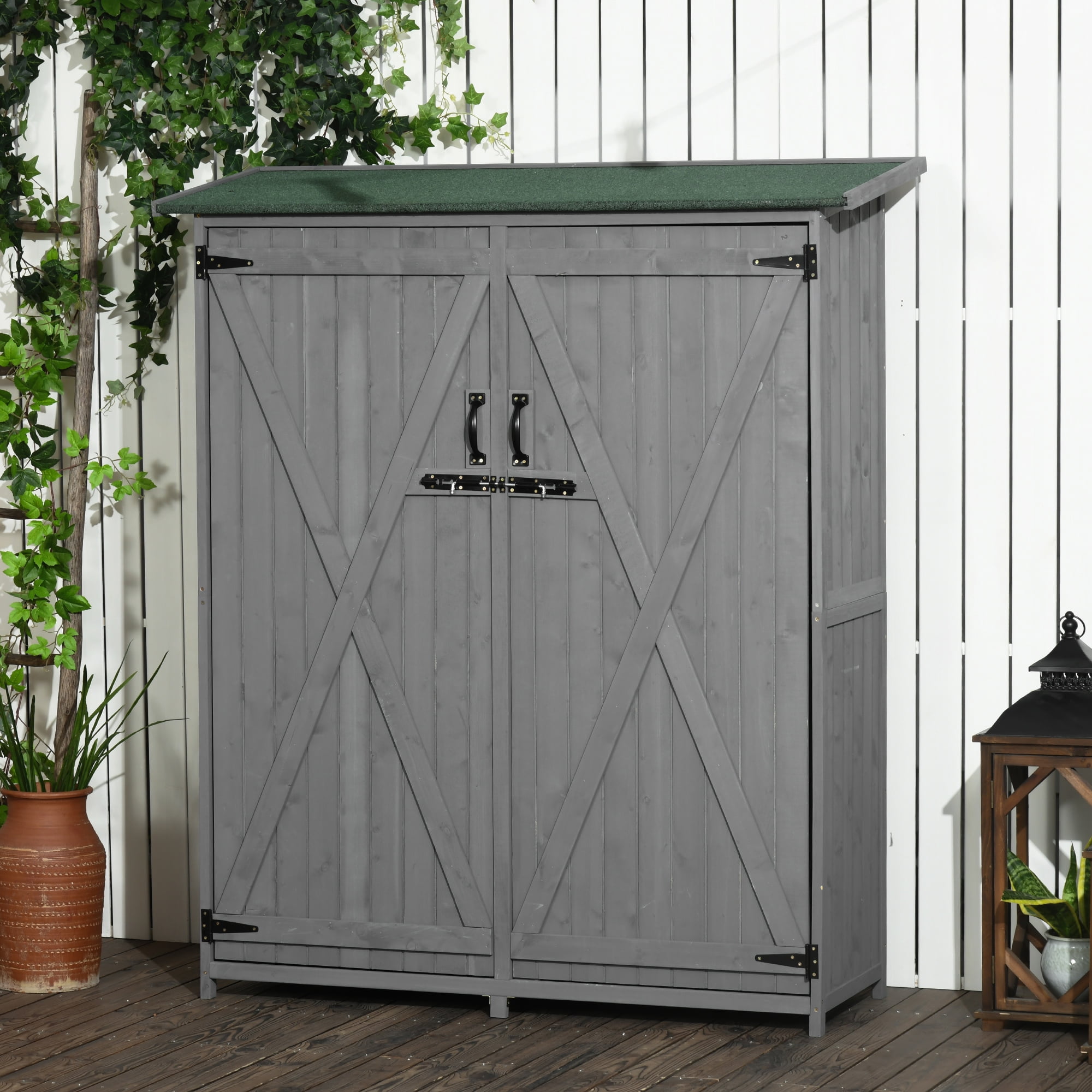 Gray Fir Wood Outdoor Storage Cabinet with Shelves