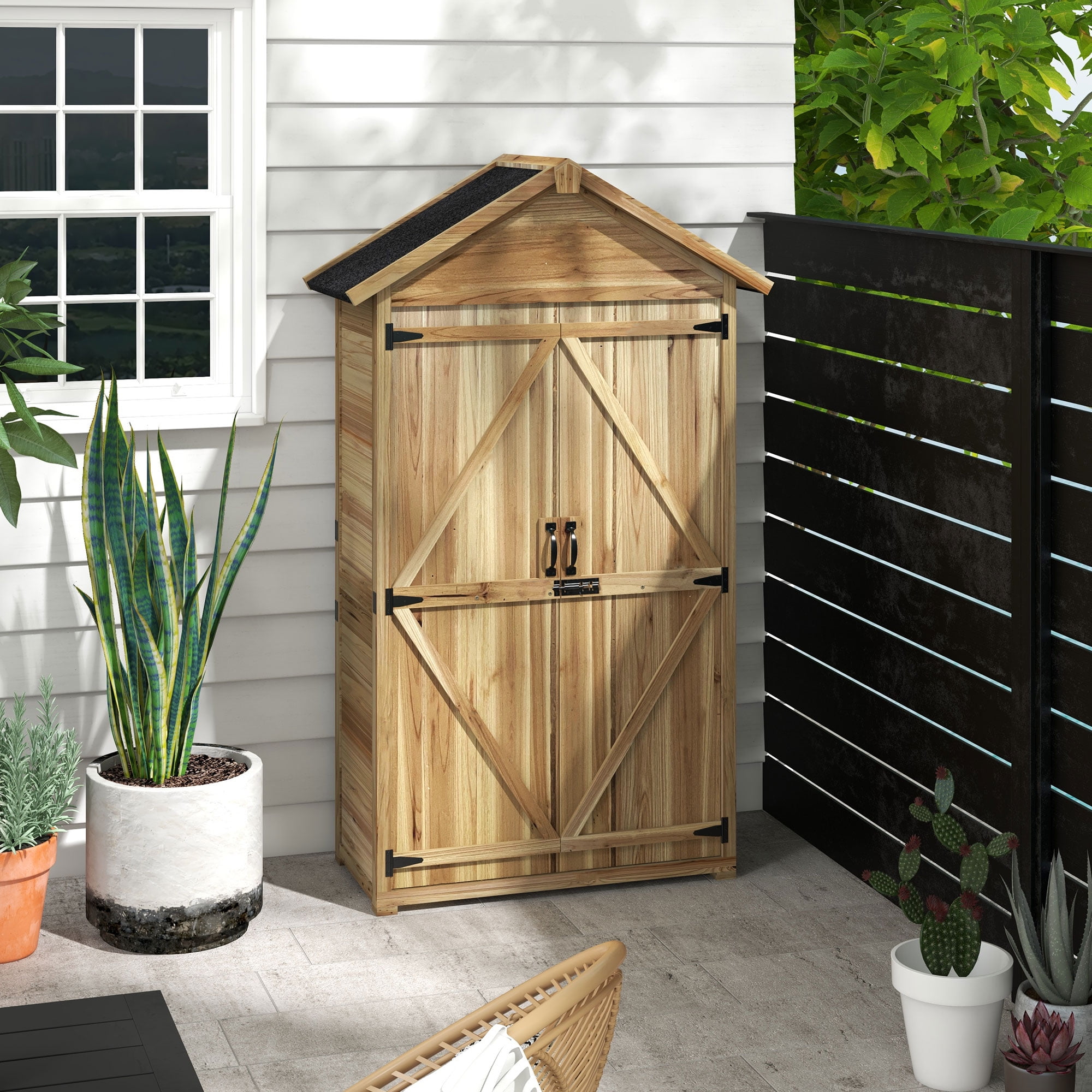 Natural Brown Wooden Outdoor Storage Shed with Shelves