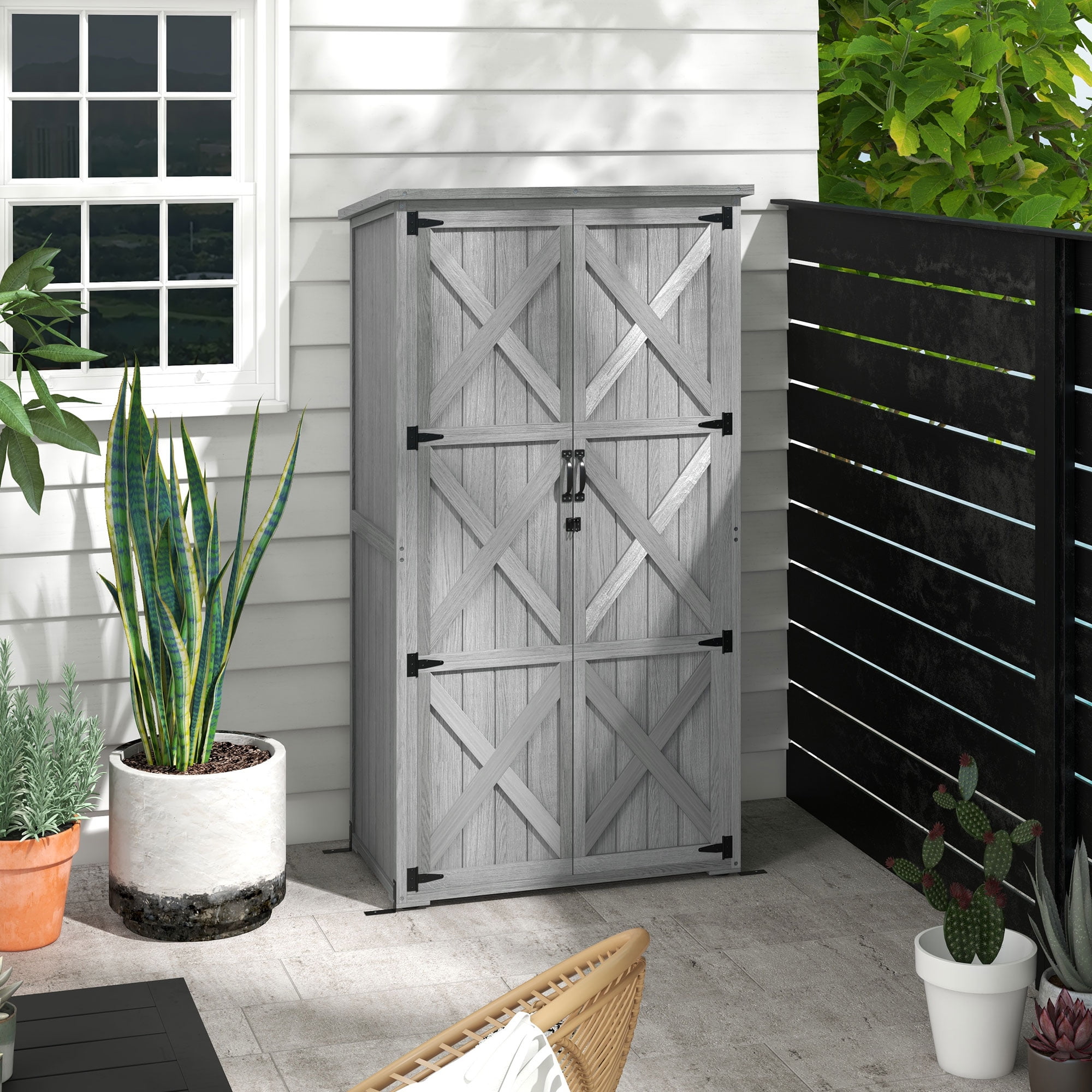 Gray Wooden Vertical Tool Shed with Shelving and Lockable Doors