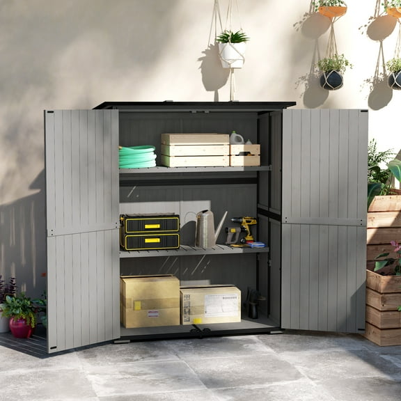 Outsunny Outdoor Storage Shed, Wooden Garden Storage Cabinet with Waterproof Asphalt Roof, 2 Shelves, Lockable Doors and Adjustable Feet, Gray