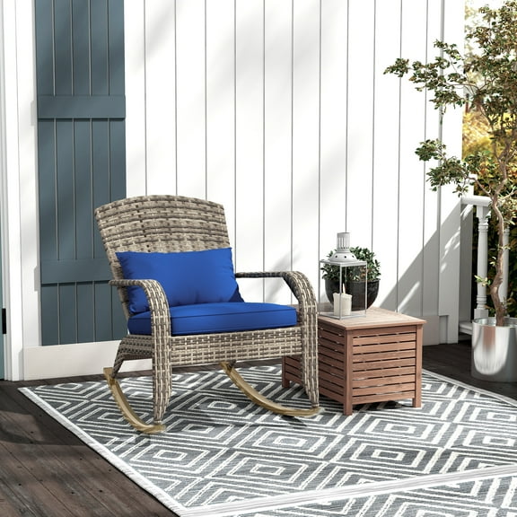 Outsunny Outdoor Wicker Adirondack Rocking Chair, Patio Rattan Rocker Chair with High Back, Seat Cushion and Pillow for Porch, Balcony, Dark Blue