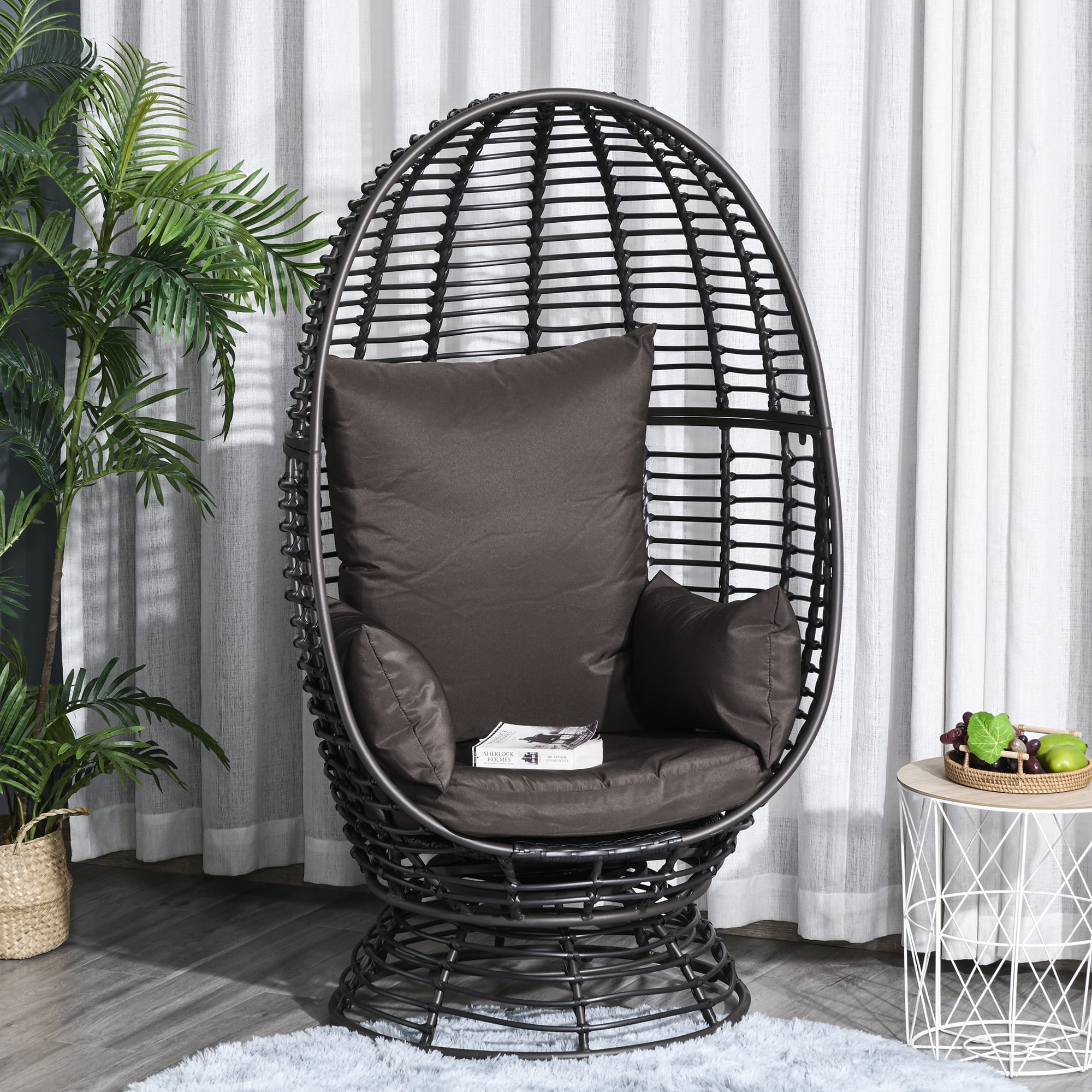 Outsunny Metal Patio Swivel Egg Chair with Cushion Rattan Round Basket Chair for Garden Indoor Living Room Brown Walmart