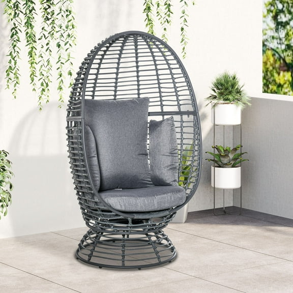 Outsunny Outdoor Wicker Egg Chair with Cushion, Lounge Chair Rattan 360 Degree Round Basket Chair for Backyard Garden Lawn Indoor Living Room, Grey