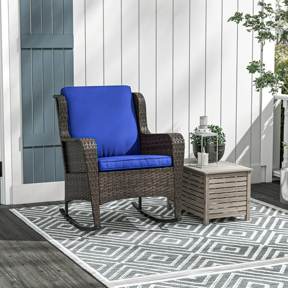 Outsunny Outdoor Wicker Rocking Chair | All-Weather PE Rattan & Steel Frame | Wide Seat, Thick Cushions | 352 lbs Capacity | Dark Blue | Patio, Garden, Backyard Use | 34.25" W
