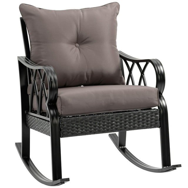 Outsunny Outdoor Wicker Rocking Chair with Padded Cushions, Aluminum Furniture Rattan Porch Rocker Chair w/ Armrest for Garden, Patio, and Backyard, Grey