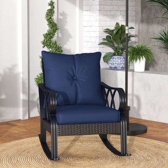 Outsunny Outdoor Wicker Rocking Chair with Padded Cushions and Armrests, Navy Blue