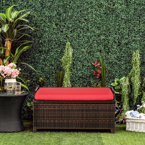 Outsunny Outdoor Wicker Storage Bench Deck Box, PE Rattan Patio Furniture Pool Storage Bin Container, Waterproof Cloth Bag, Comfortable Cushion, Red