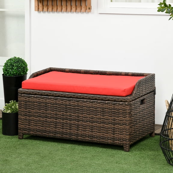 Outsunny Wicker Storage Bench Deck Box with Comfortable Cushion, Red