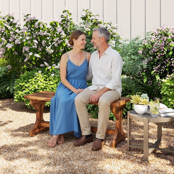 Outsunny Outdoor Wooden Bench, Rustic Garden Bench Seat, Farmhouse Backless Patio Loveseat with X-Shaped Base for Porch, Park, Lawn, Carbonized