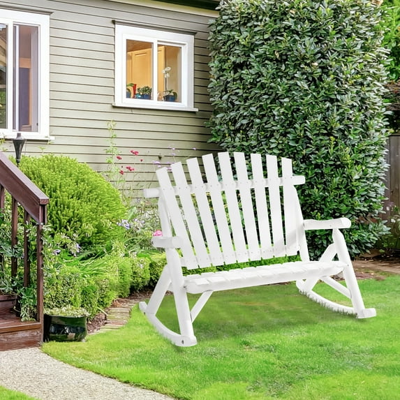 Outsunny Outdoor Wooden Rocking Chair, Double-Person Adirondack Rocking Patio Chair with Rustic High Back, Slatted Seat and Backrest for Indoor, Backyard, Garden, White