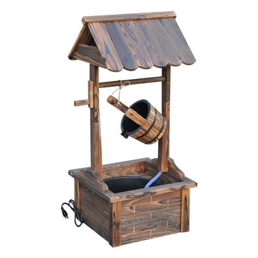Outsunny Outdoor Wooden Wishing Well Fountain With Adjustable Water Flow Rate, Outdoor Rustic Waterfall Fountain With Electric Pump, Water Bucket, For Backyard Patio Garden Lawn, Carbonized Finish