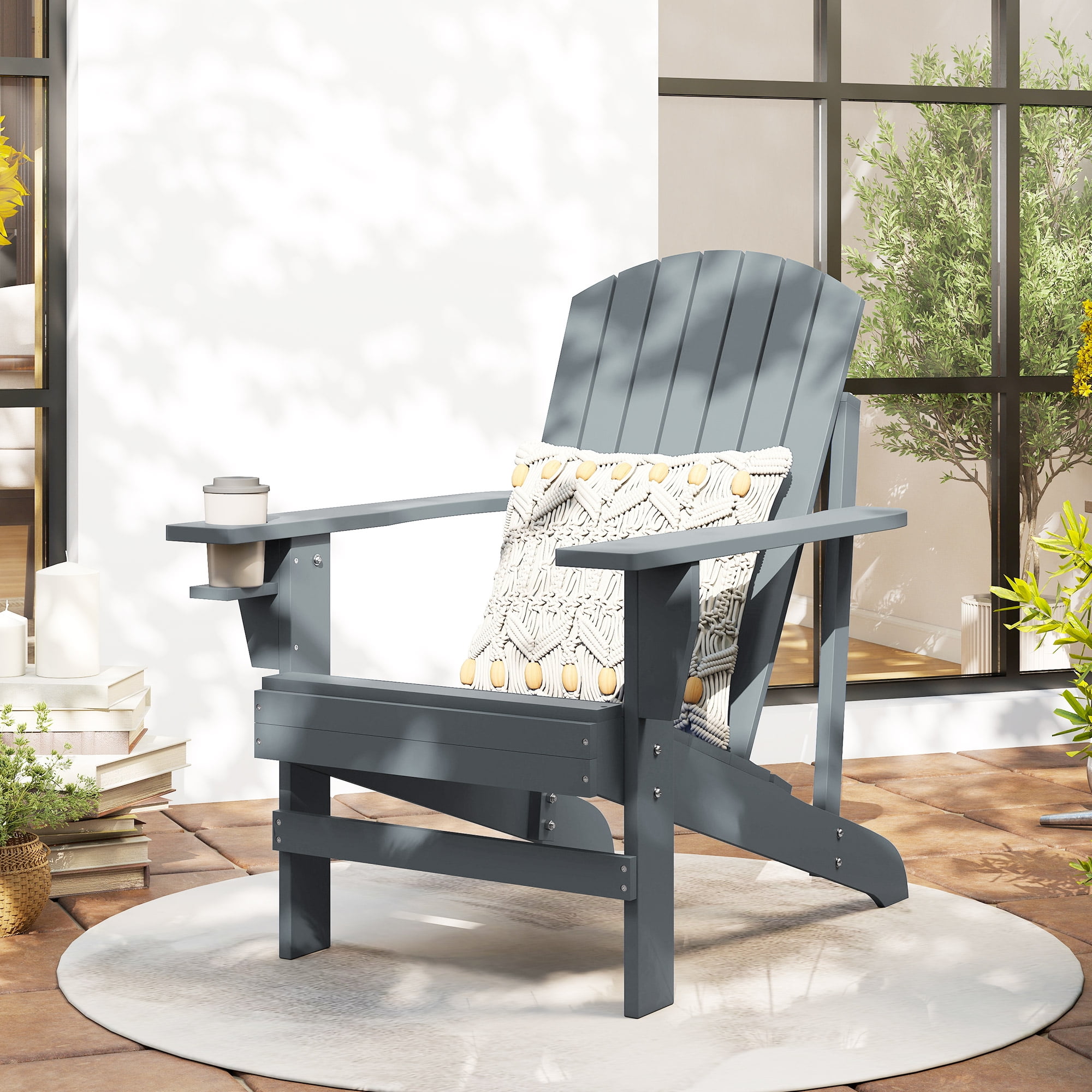 Outsunny Oversized Adirondack Chair, Outdoor Fire Pit and Porch Seating, Classic Log Lounge w/ Built-in Cupholder for Patio, Garden, Lawn, Dark Gray