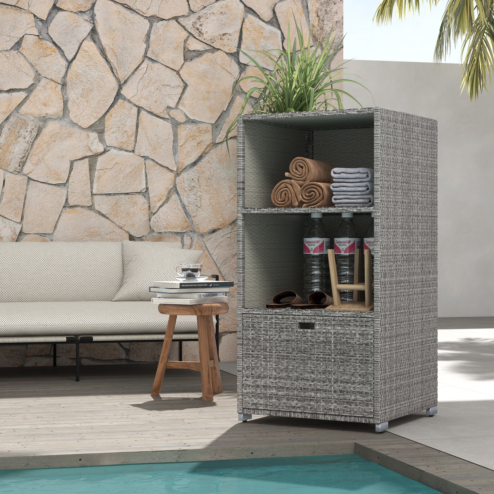 Mixed Gray Wicker Outdoor Storage Cabinet with Shelves