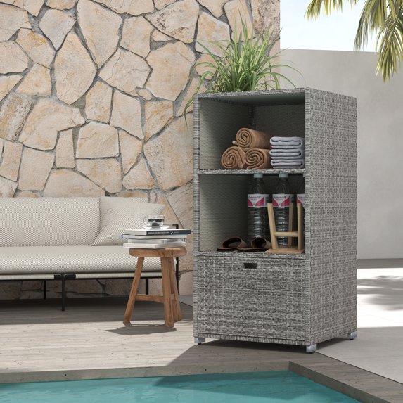Outsunny PE Rattan Pool Towel Rack with 2 Storage Shelves Basket Mixed gray