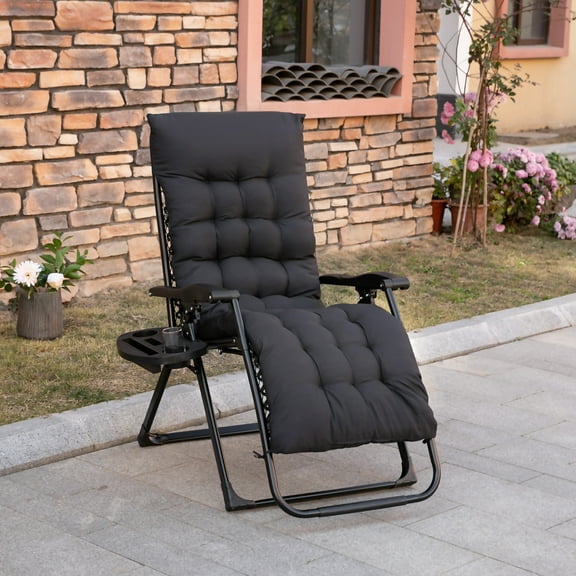 Outsunny Padded Zero Gravity Chair, Folding Recliner Chair, Patio Lounger with Cup Holder, Cushion for Outdoor, Patio, Deck, and Poolside, Black