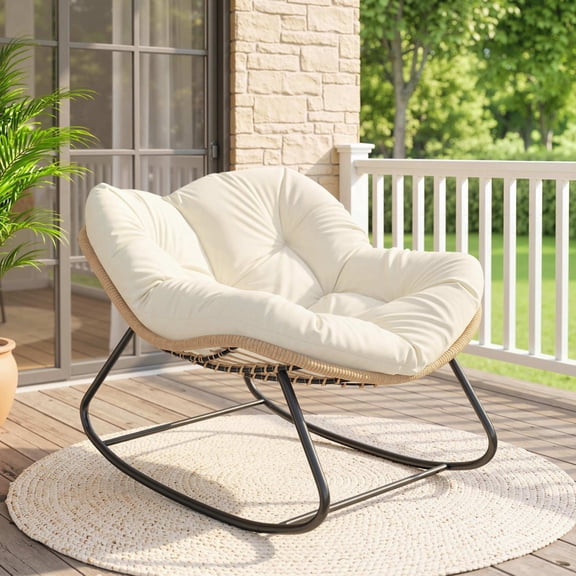 Outsunny Papasan Rocking Chair, Oversized Indoor Outdoor Rocking Egg Chair with Cushion, PE Wicker Outdoor Rocker for Patio Garden, Beige