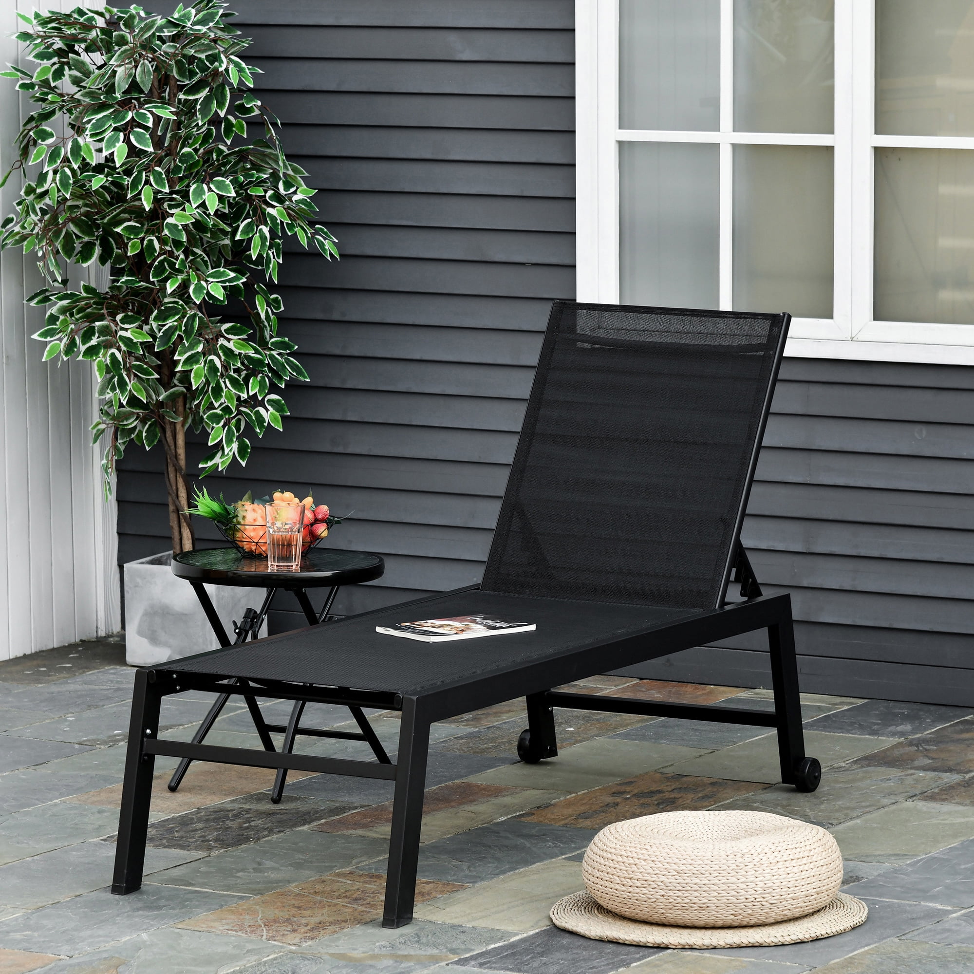 Coastal Breeze Black Outdoor Chaise Lounge with 5-Position Backrest and Wheels