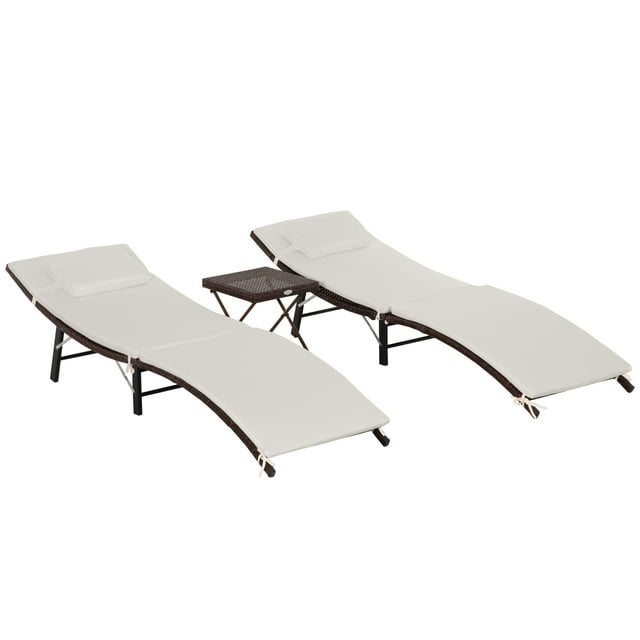 Outsunny Folding Chaise Lounge Pool Chair Set with Table, Beige
