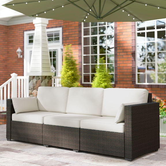 Outsunny Patio Couch PE Wicker Deep Seating Outdoor Sofa with Removable Cushions, 3 Seater Rattan Sofa, Outdoor Furniture for Balcony, Deck, Garden and Poolside, Cream White