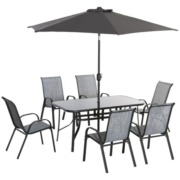 Outsunny Patio Dining Set for Six, Table & Chairs w/ Umbrella, Gray