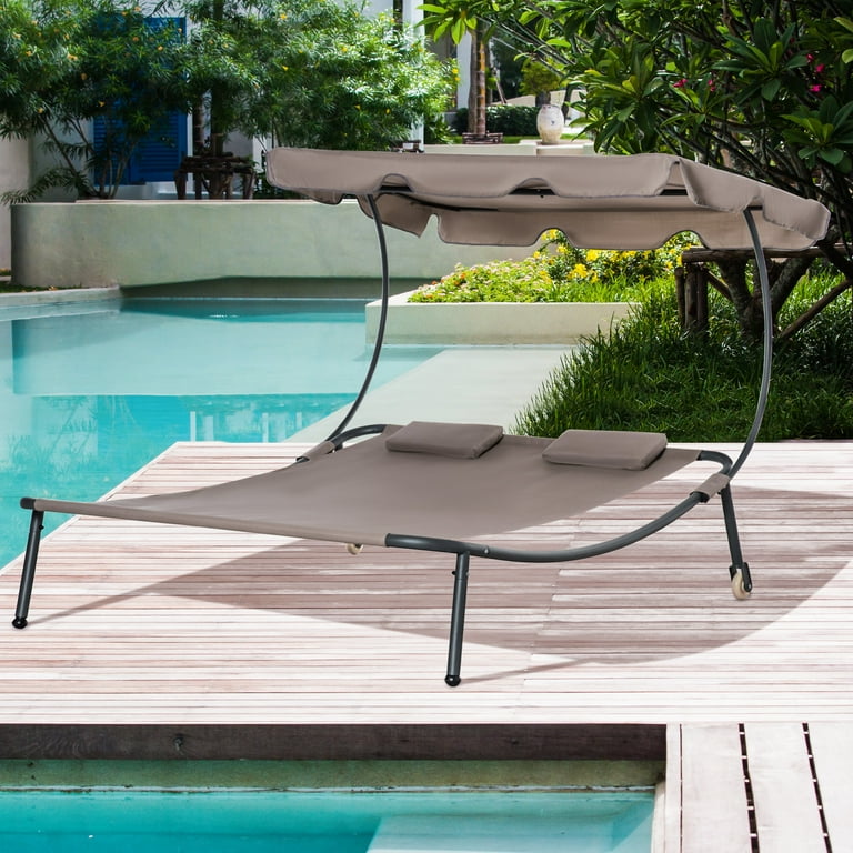 Outsunny Patio Double Chaise Lounge Chair Outdoor Wheeled Hammock Daybed with Adjustable Canopy and Pillow for Sun Room Garden or Poolside Brown