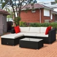 thumbnail image 1 of Outsunny 5-Piece Outdoor Sectional Furniture, Patio Sofa Set, PE Wicker Couch, Cushions, Pillows, Ottoman, Coffee Table, Cream White, 1 of 10