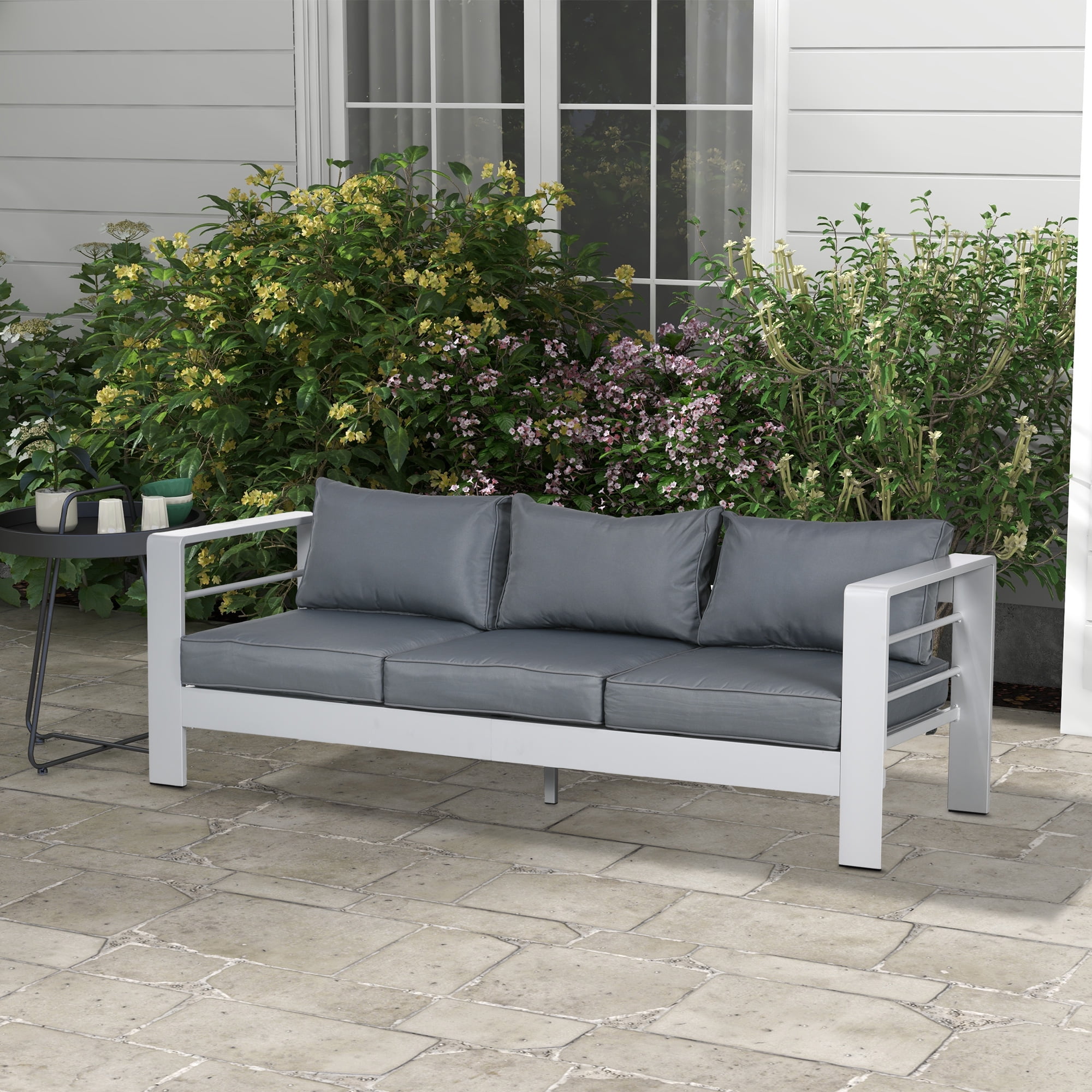 Gray Aluminum Outdoor Sofa with Cushions and Wide Armrests