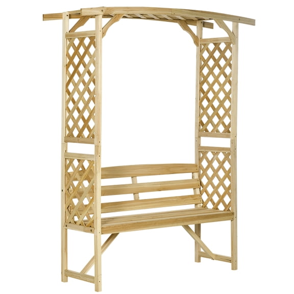 Outsunny Patio Garden Bench Arbor Arch with Pergola and 2 Trellises 3 Seat Natural Wooden Outdoor Bench for Grape Vines & Climbing Plants Backyard