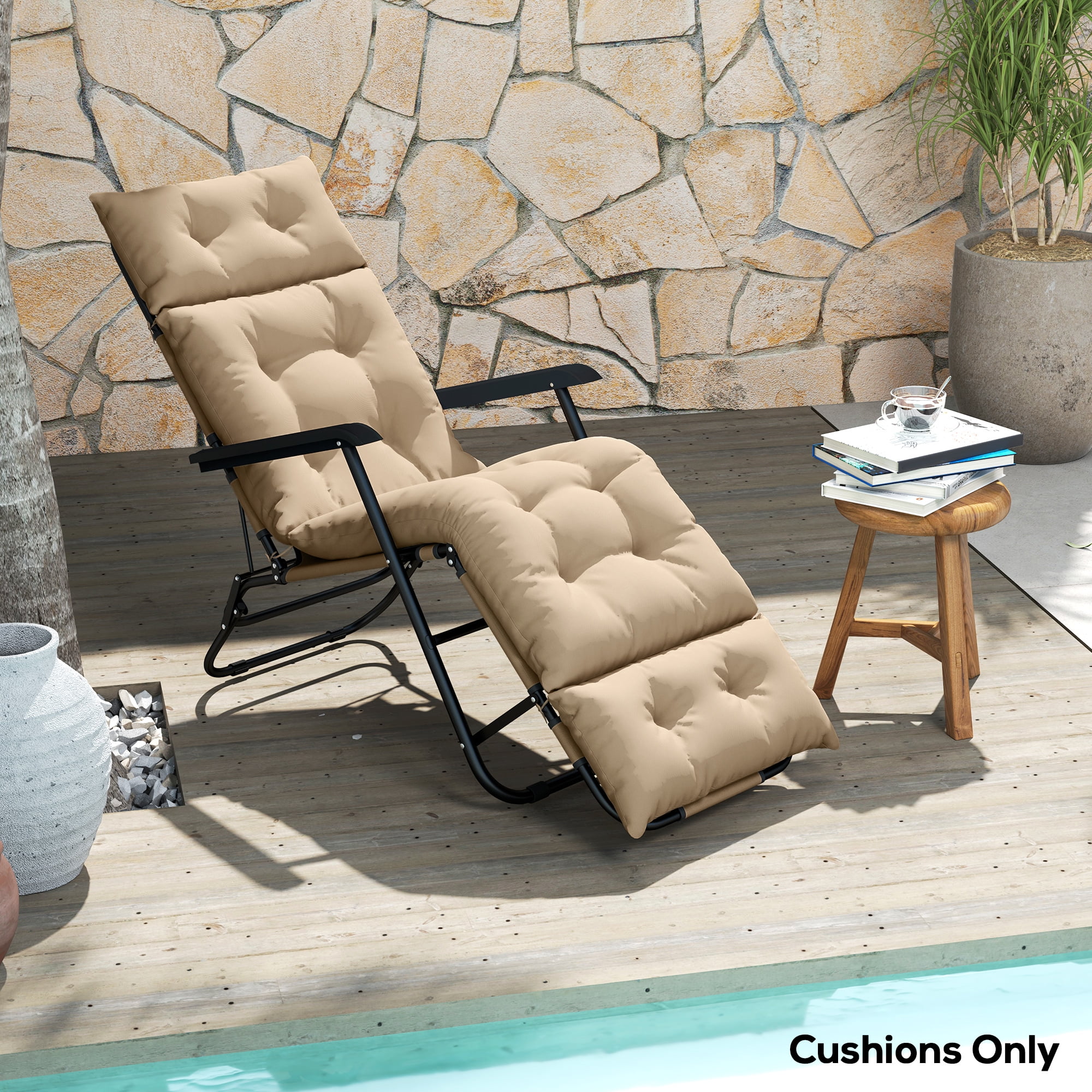 Beige Tufted Outdoor Chaise Lounge Cushion with Ties