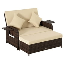 Outsunny Patio Loveseat Daybed w/ Storage, Footrest & Tables, Beige