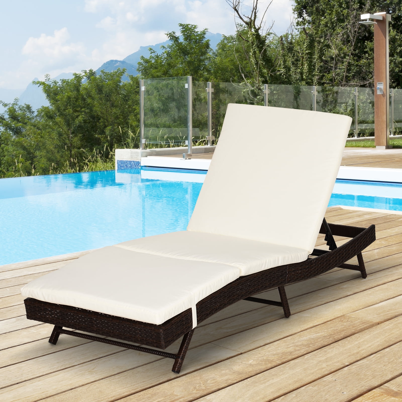 Adjustable Brown Rattan Chaise Lounge with Cream Cushions