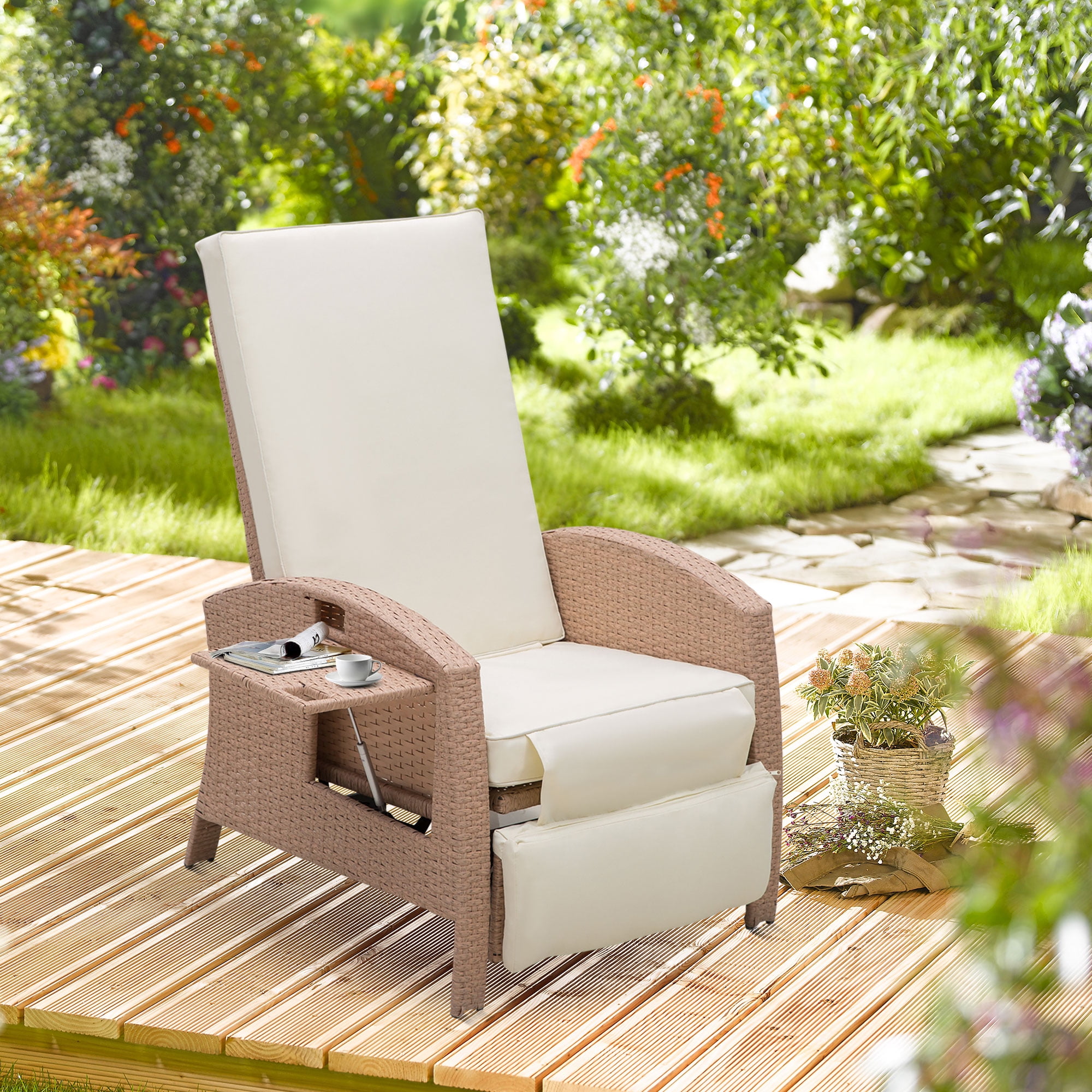 Adjustable Wicker Recliner Chair with Cushion Side Table and Footrest Patio in Togo at XOF 256852 Rating 5