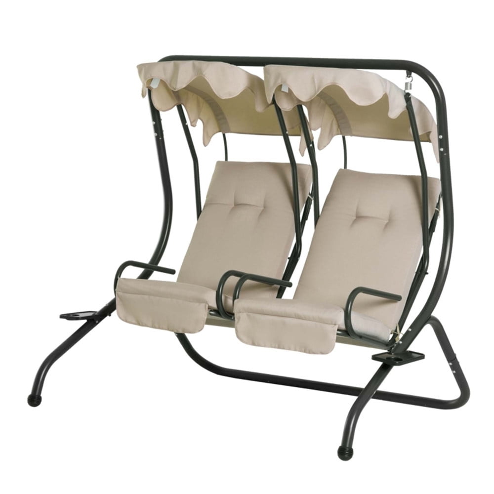 Beige Outdoor Patio Swing Chair with Separate Seats and Canopy