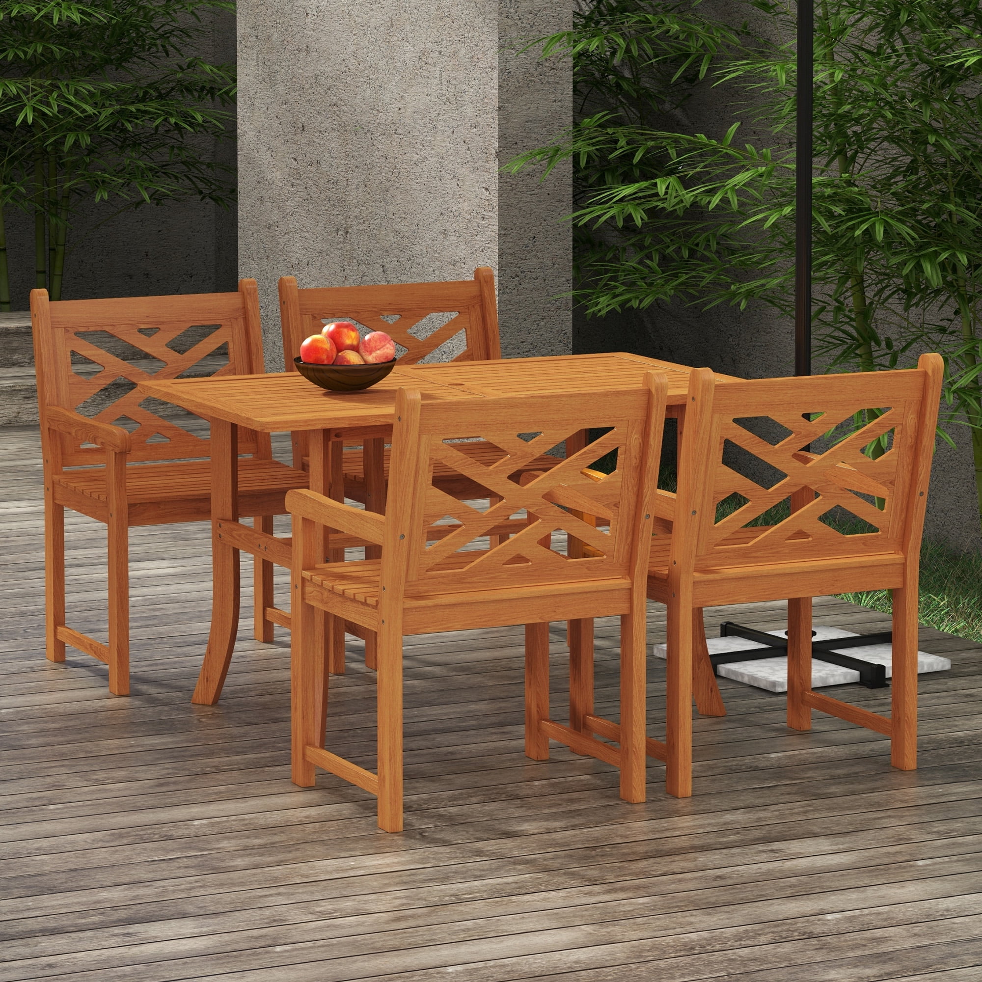 Teak Finish 4-Person Poplar Wood Outdoor Dining Set