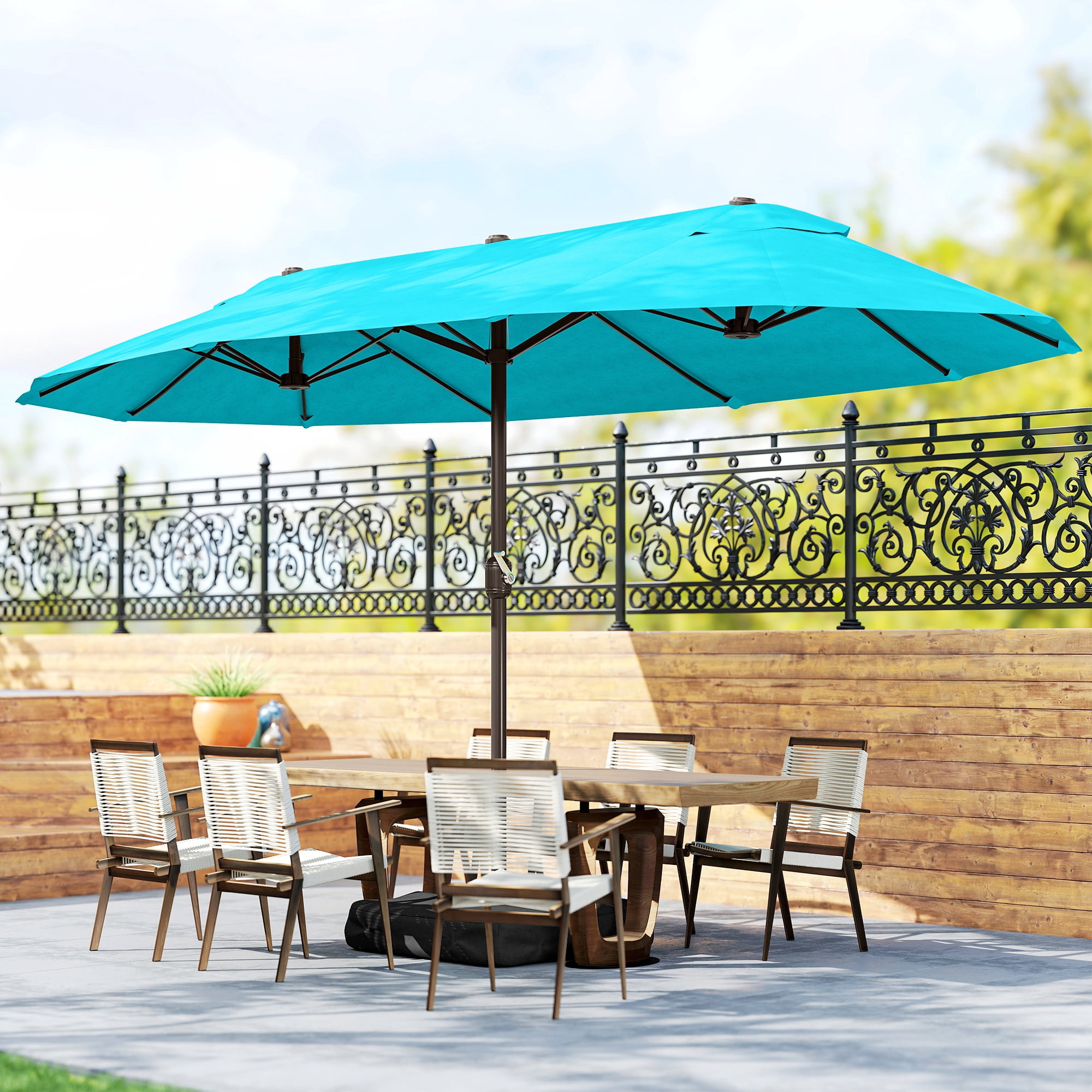 Outsunny Patio Umbrella 15' Steel Rectangular Outdoor Double Sided Market with Base, Sun Protection & Easy Crank for Deck Pool Patio, Blue
